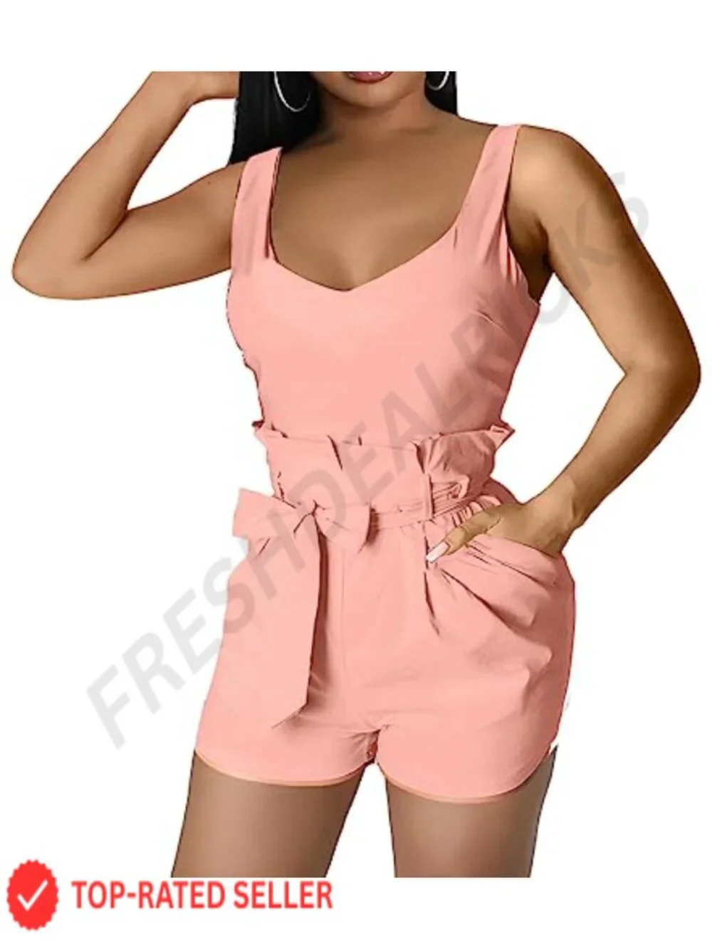 Women's Sleeveless Romper with Pockets & Belt, Scoop Neck, Zipper